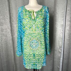 Women’s Large Diane Gilman Silk Blue/Green Tunic Top